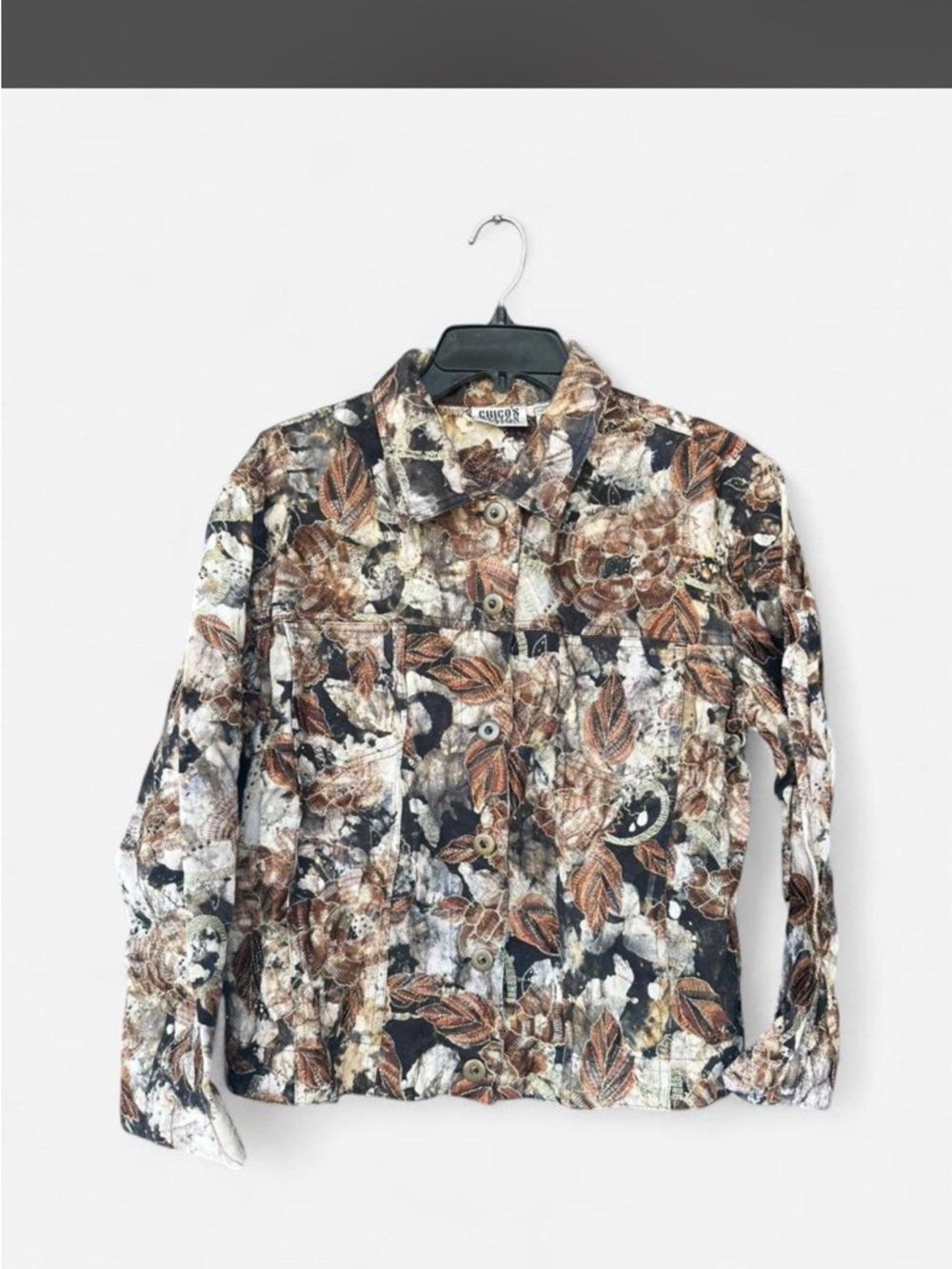 Chico's Multi-Color Leaf Print Jean Jacket (Brown, Black, Cream)